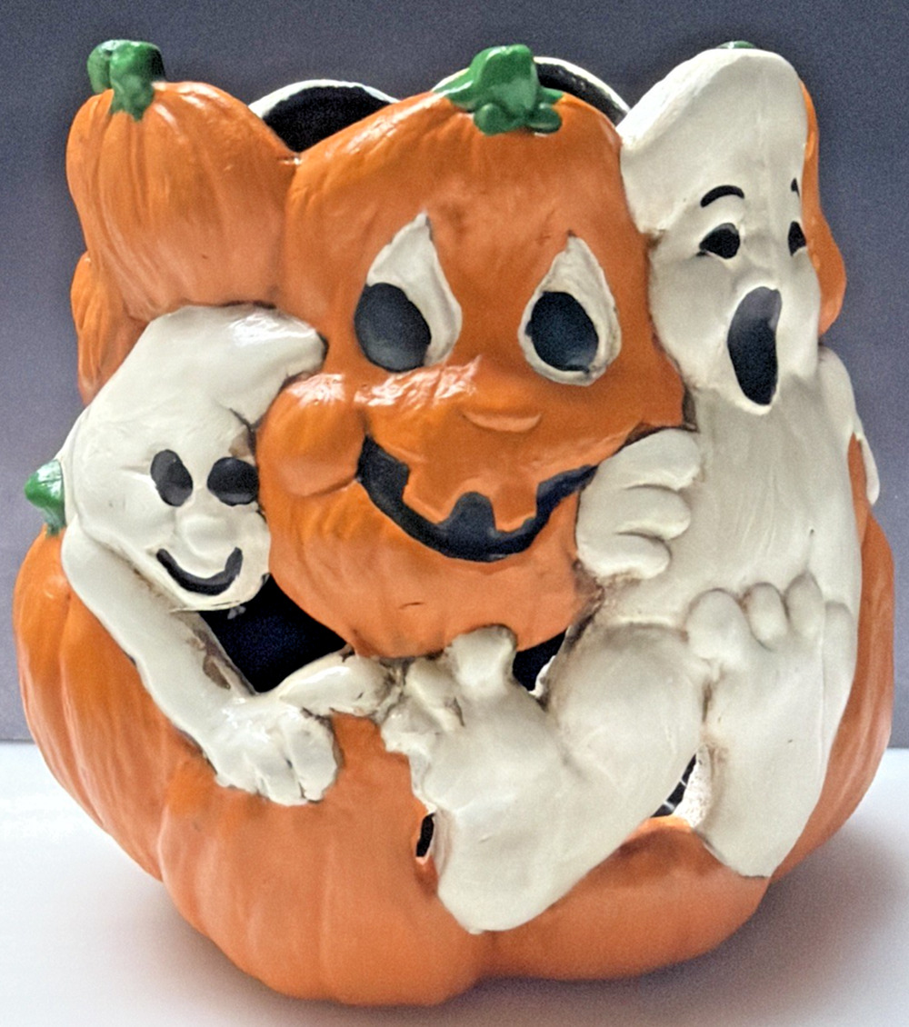Vintage Holland Mold Halloween Ceramic Candle Holder Ghost Pumpkin Hand Painted